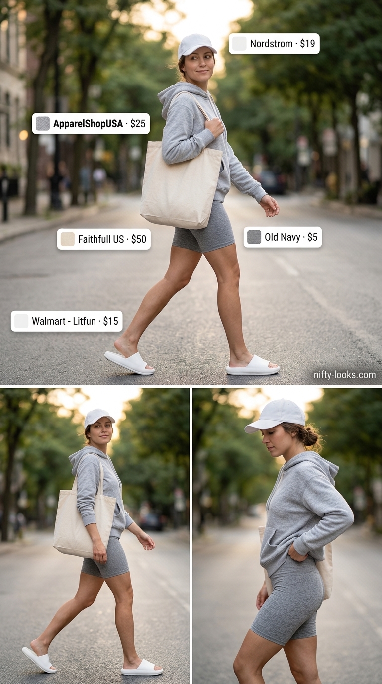 Biker Shorts & Oversized Tee Outfits Summer 2026: Cozy Lounging Biker shorts with oversized tee outfits summer for women 2026: Grey hoodie, grey biker shorts, white slides for cozy lounging.
