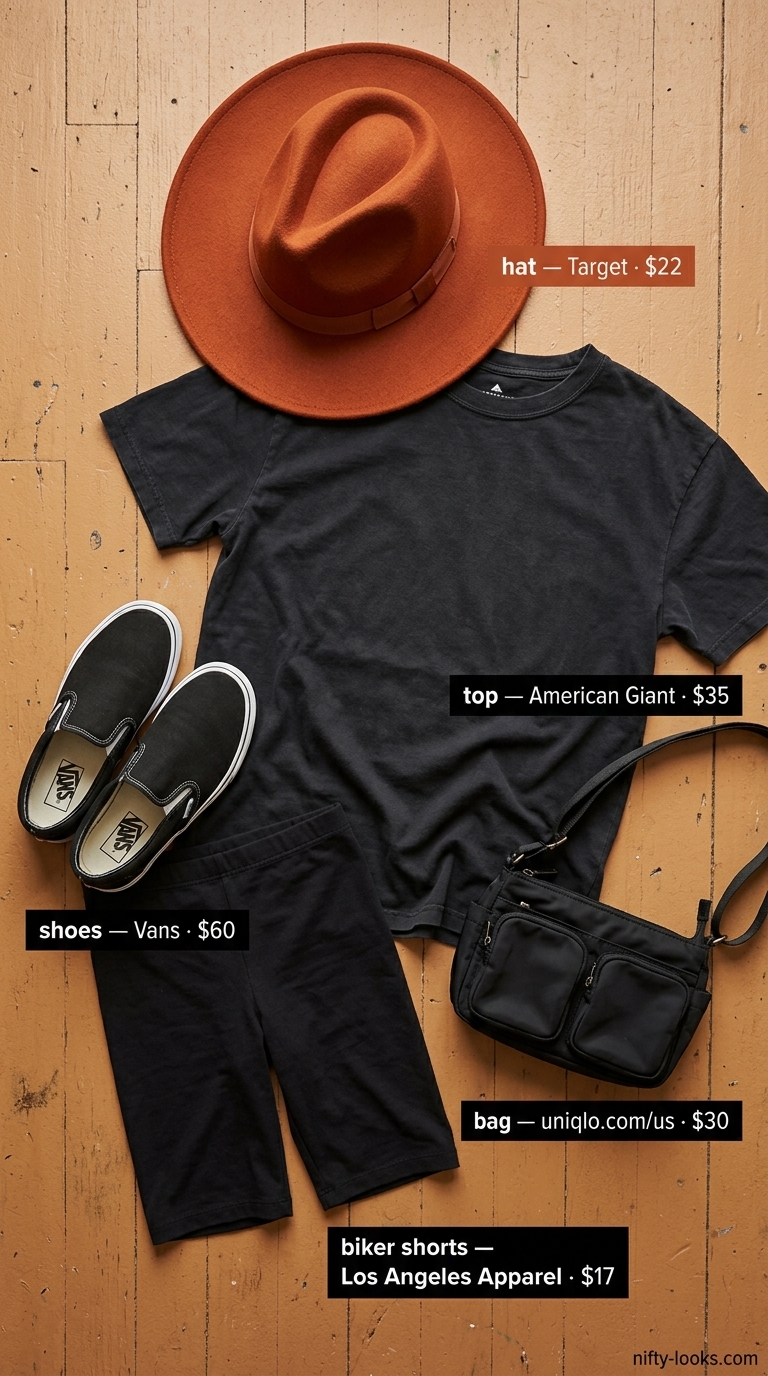 Road Trip Outfits 2026 Desert road trip outfit: sand beige biker shorts, rust orange oversized tee, black utility bag, felt hat, sneakers.