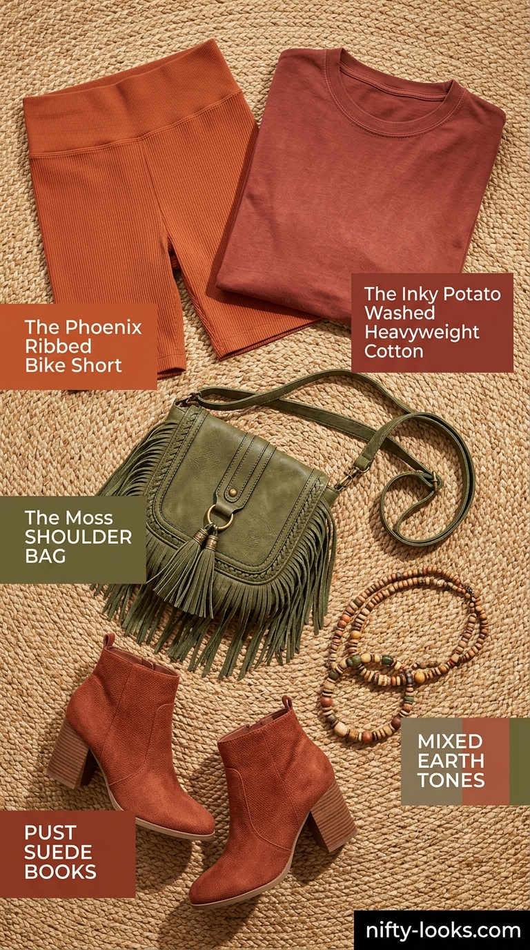 Biker Shorts & Oversized Tee Outfits Summer 2026: Desert Wanderer Biker shorts with oversized tee outfits summer for women 2026: Rust biker shorts, terracotta tee, suede boots for desert vibes.