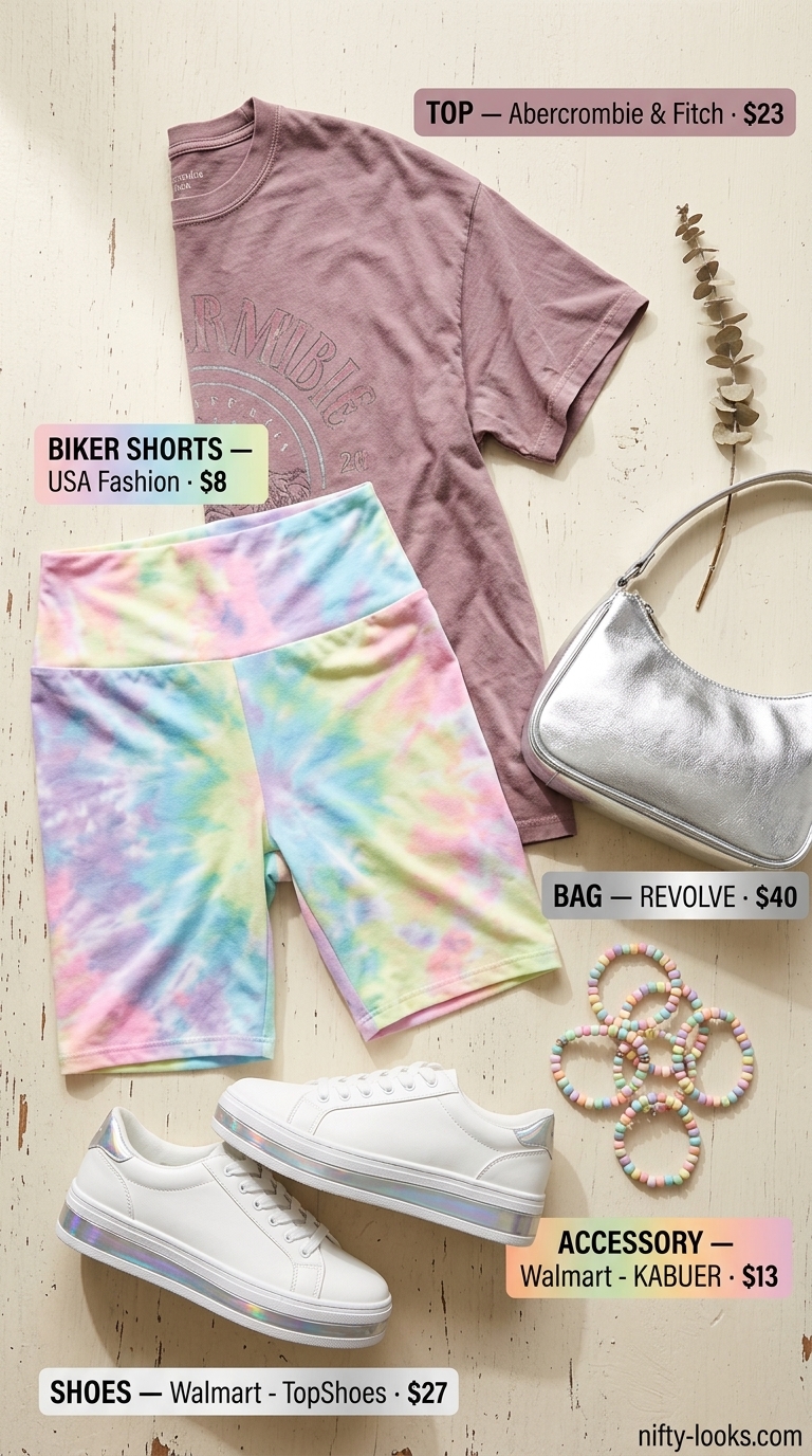 Biker Shorts & Oversized Tee Outfits Summer 2026: Festival Fun Biker shorts with oversized tee outfits summer for women 2026: Tie-dye shorts, graphic tee, platform sneakers for festival fun.