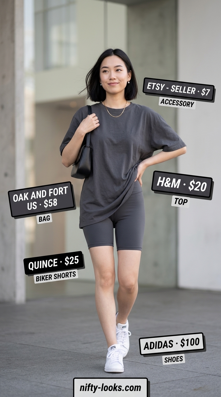 Biker Shorts & Oversized Tee Outfits Summer 2026: Gallery Day Biker shorts with oversized tee outfits summer for women 2026: Grey tee, charcoal biker shorts, white sneakers, black bag for gallery day.