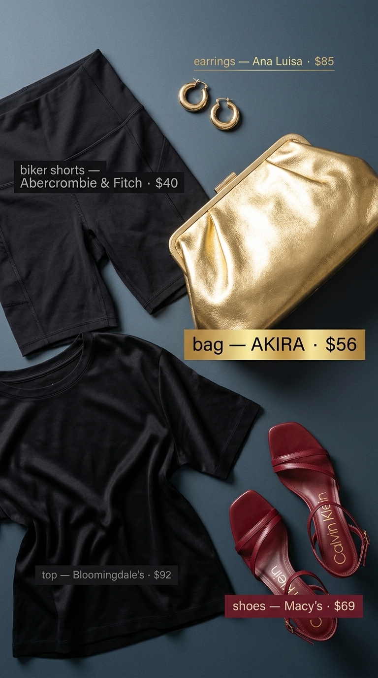 Golden Hour Glam Outfits 2026 Golden hour glam outfit: black biker shorts, black draped oversized tee, strappy sandals, gold clutch, gold hoops.