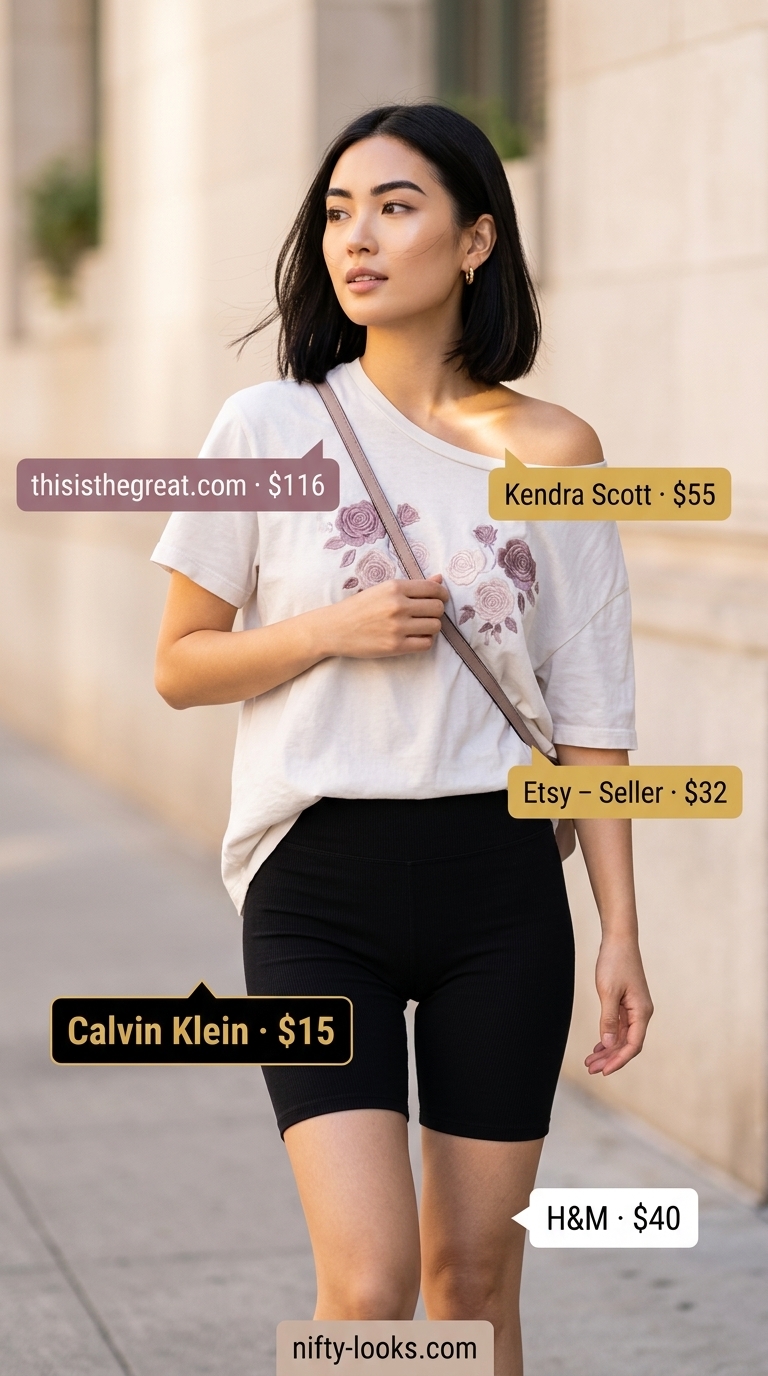 Festival Style Outfits 2026 Lavender festival outfit: lavender biker shorts, off-white oversized embroidered tee, white sneakers, silver earrings.