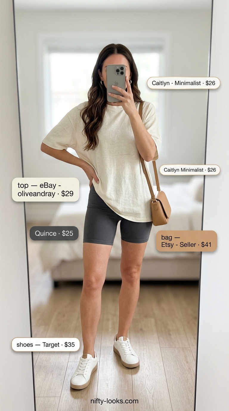 Biker Shorts & Oversized Tee Outfits Summer 2026: Minimalist Coffee Biker shorts with oversized tee outfits summer for women 2026: Charcoal biker shorts, cream tee, white sneakers for coffee run.