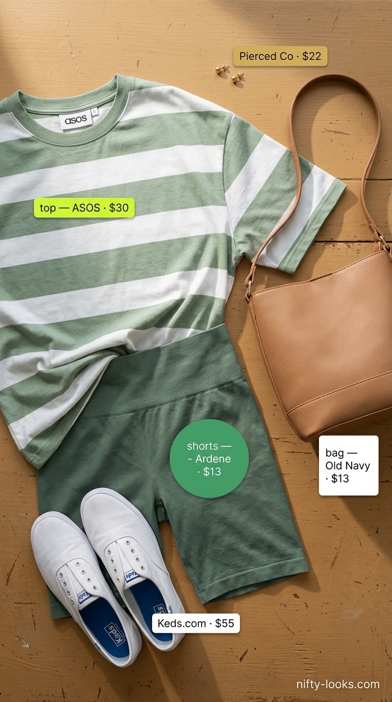 Biker Shorts & Oversized Tee Outfits Summer 2026: Park Day Biker shorts with oversized tee outfits summer for women 2026: Sage green biker shorts, striped tee, white sneakers for park days.