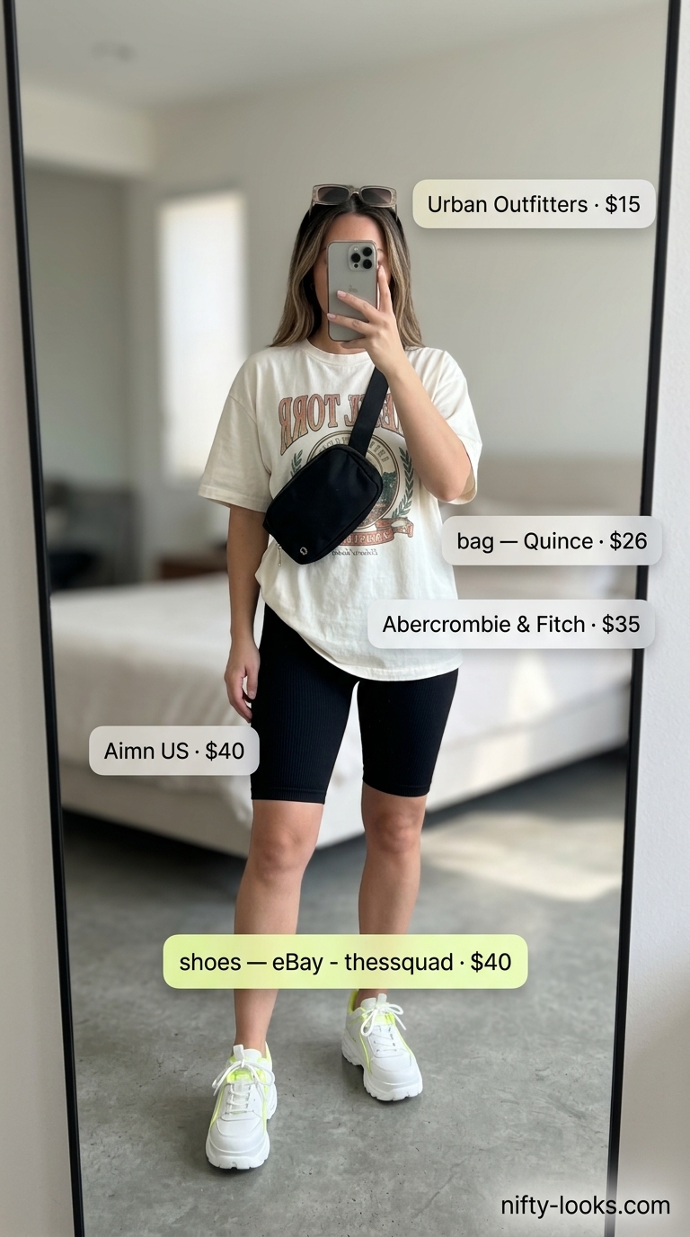 Post-Workout Brunch Outfits 2026 Post-workout brunch outfit: black biker shorts, white graphic tee, chunky platform sneakers, belt bag, sunglasses.