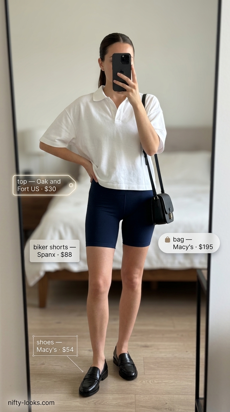 Preppy Court-Side Outfits 2026 Preppy court-side outfit: navy biker shorts, white oversized polo tee, white loafers, navy shoulder bag, gold earrings.