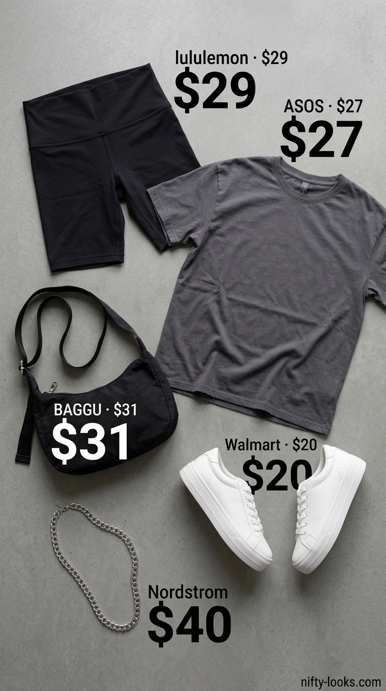 Biker Shorts & Oversized Tee Outfits Summer 2026: Urban Edge Biker shorts with oversized tee outfits summer for women 2026: Black biker shorts, charcoal band tee, chunky sneakers for urban edge.