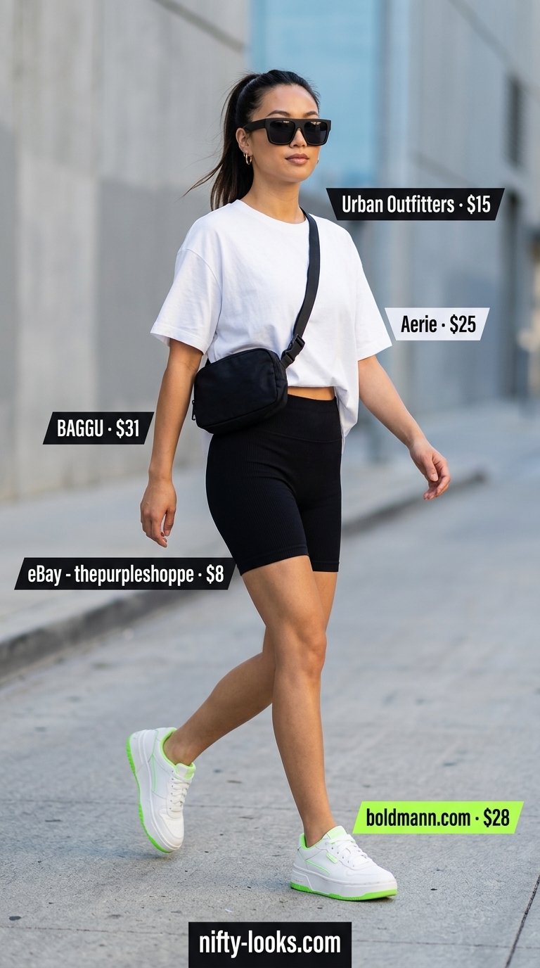 Biker Shorts & Oversized Tee Outfits Summer 2026: Urban Explorer Biker shorts with oversized tee outfits summer for women 2026: Black biker shorts, white tee, neon green sneakers for urban exploring.