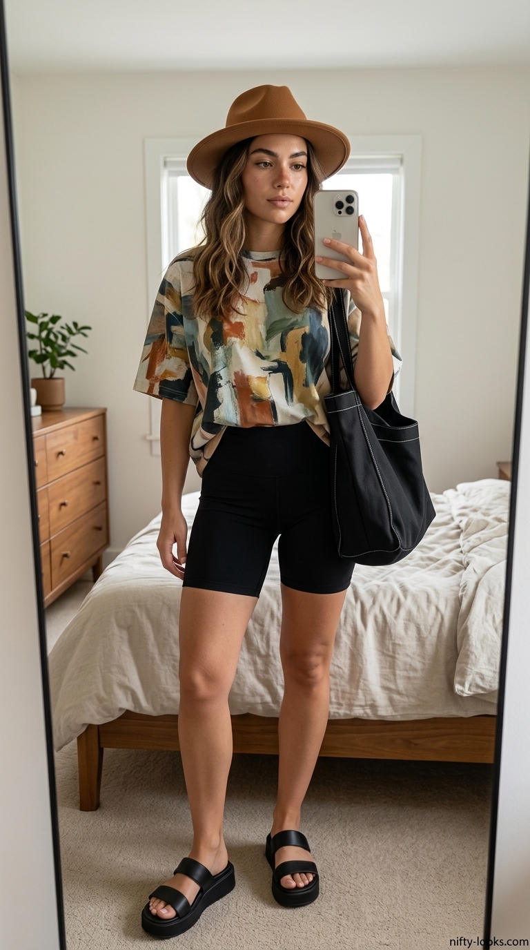Artsy Market Biker Shorts Outfits Summer 2026 Biker shorts with oversized tee outfits summer for women 2026. Abstract print tee, black biker shorts, platform sandals for artsy markets.