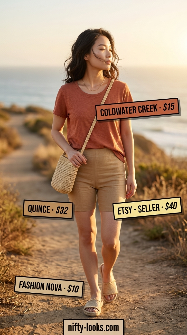 Beachy Boho Biker Shorts Outfits Summer 2026 Biker shorts with oversized tee outfits summer for women 2026. Linen shorts, loose knit tee, straw hat, espadrilles for beachy boho style.