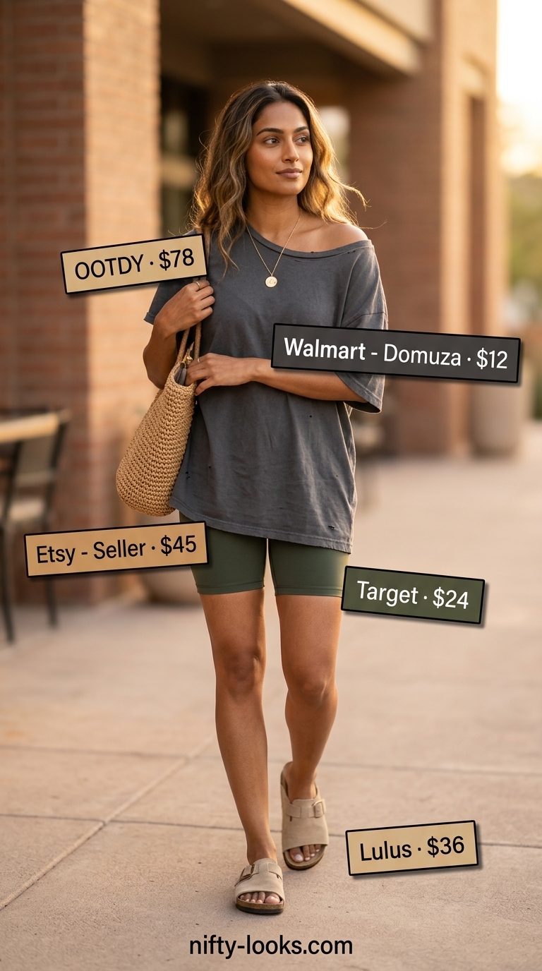 Desert Sunset Biker Shorts Outfits Summer 2026 Biker shorts with oversized tee outfits summer for women 2026. Olive biker shorts, vintage tee, straw tote for desert brunch style.