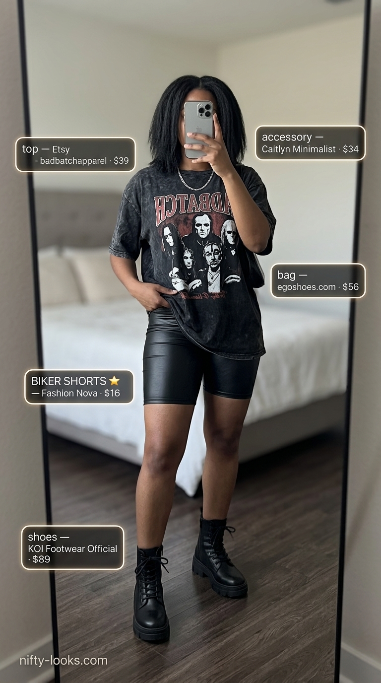 Edgy Biker Shorts Outfits Summer 2026: City Exploration Edgy biker shorts with oversized tee outfits summer for women 2026. Black faux leather shorts, distressed band tee, combat boots.