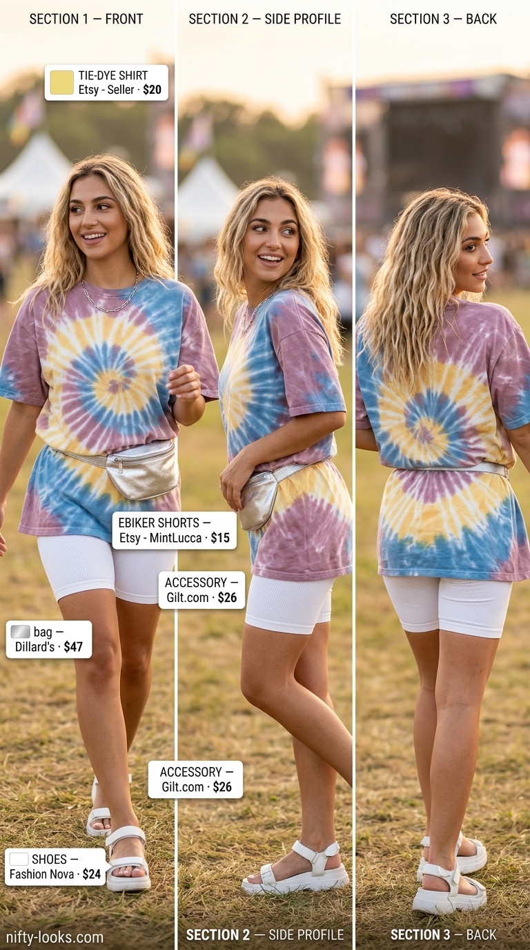 Festival Funk Biker Shorts Outfits Summer 2026 Biker shorts with oversized tee outfits summer for women 2026. Tie-dye tee, white biker shorts, platform sandals for festival fun.