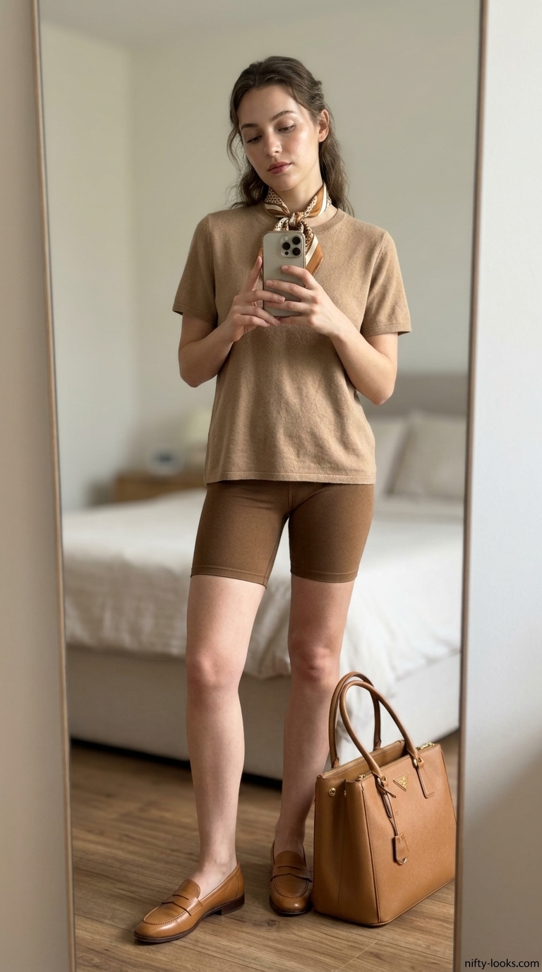 Luxe Travel Biker Shorts Outfits Summer 2026 Biker shorts with oversized tee outfits summer for women 2026. Knit biker shorts, oversized cashmere tee, loafers for luxe travel.