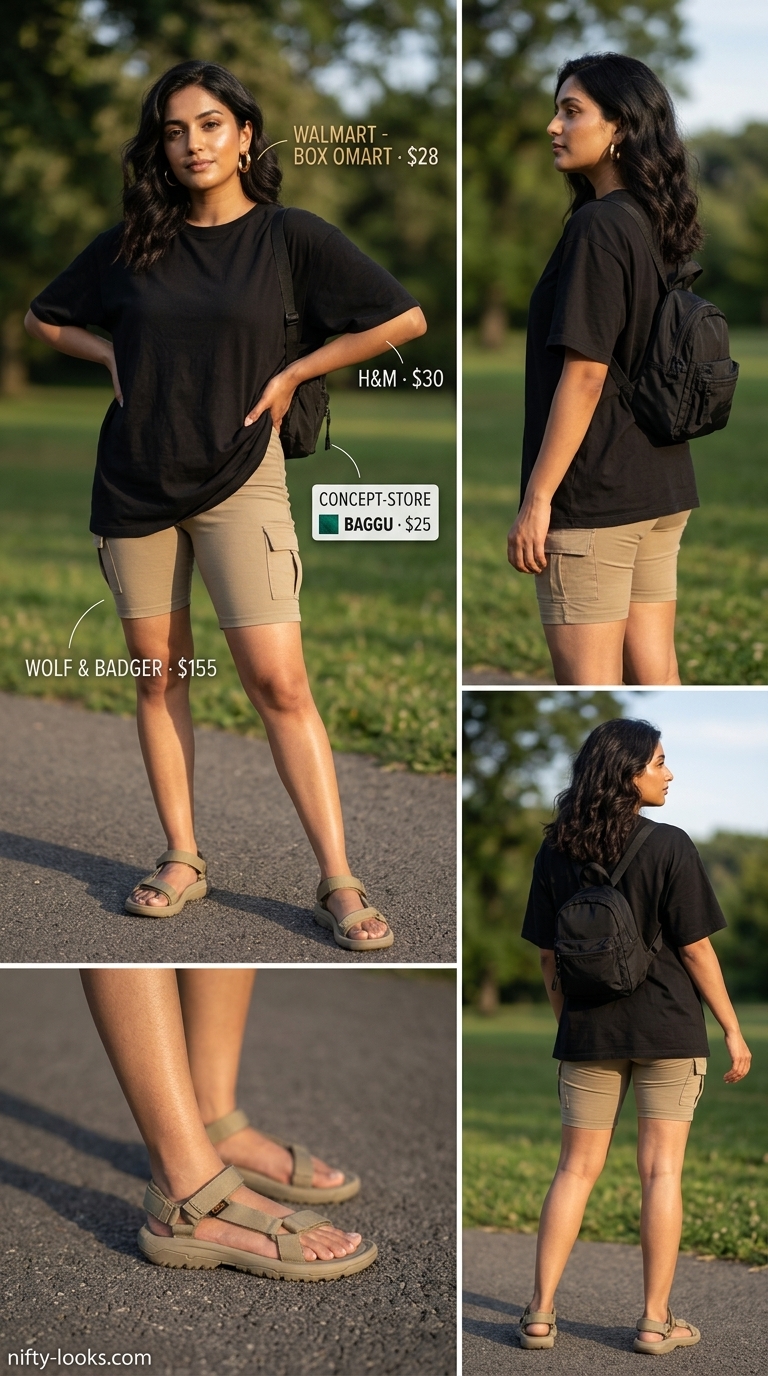 Modern Utility Biker Shorts Outfits Summer 2026 Biker shorts with oversized tee outfits summer for women 2026. Cargo biker shorts, oversized button-down shirt, hiking sandals for utility style.