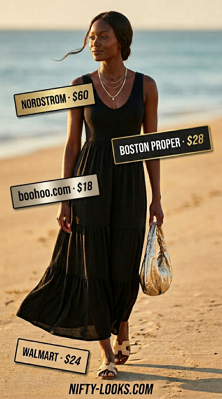 Bold summer outfits for black woman 2026: Black maxi dress with gold accessories and raffia sandals for a sunset dinner.