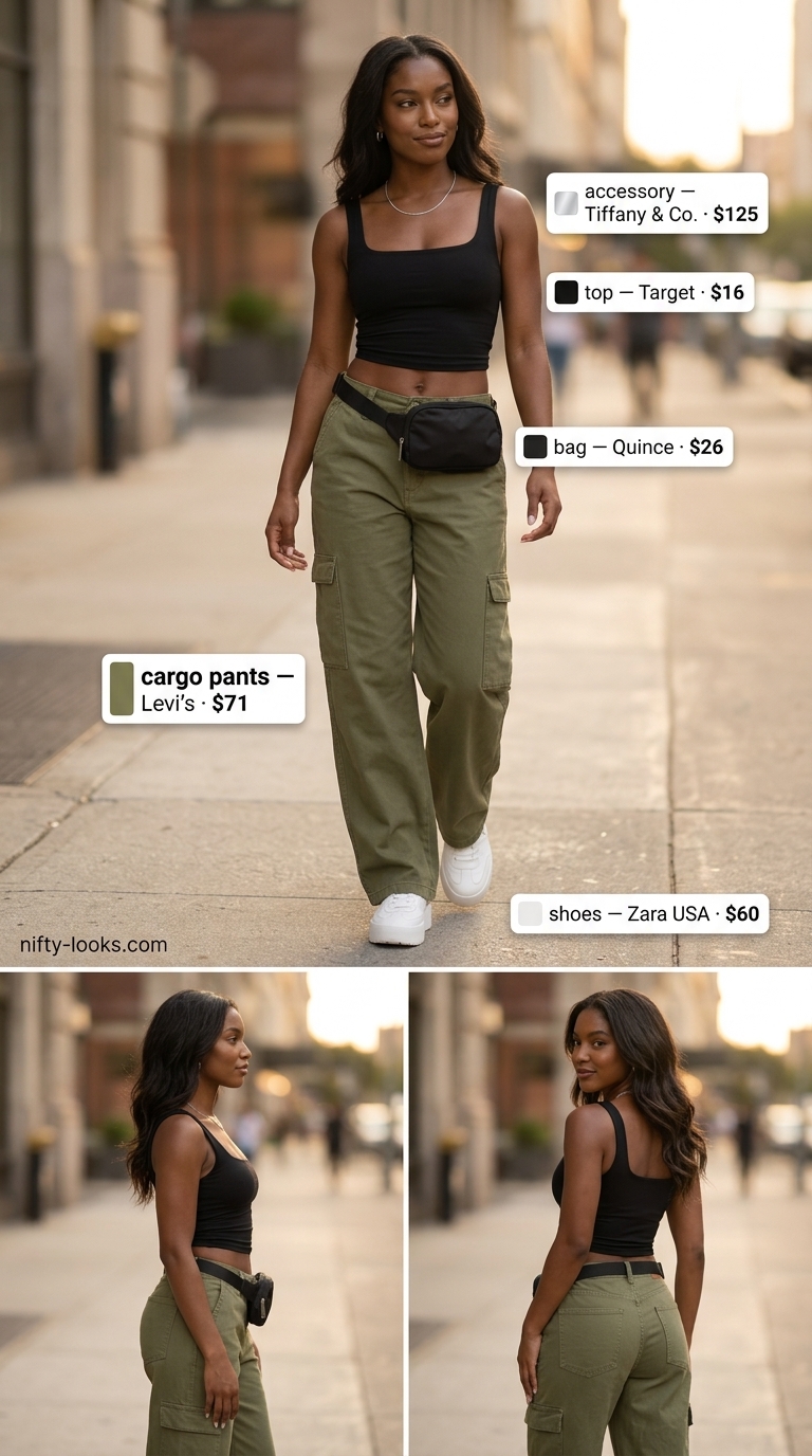 Bold summer outfits for black woman 2026: Olive green cargo pants with white tank and chunky sneakers for a casual day.