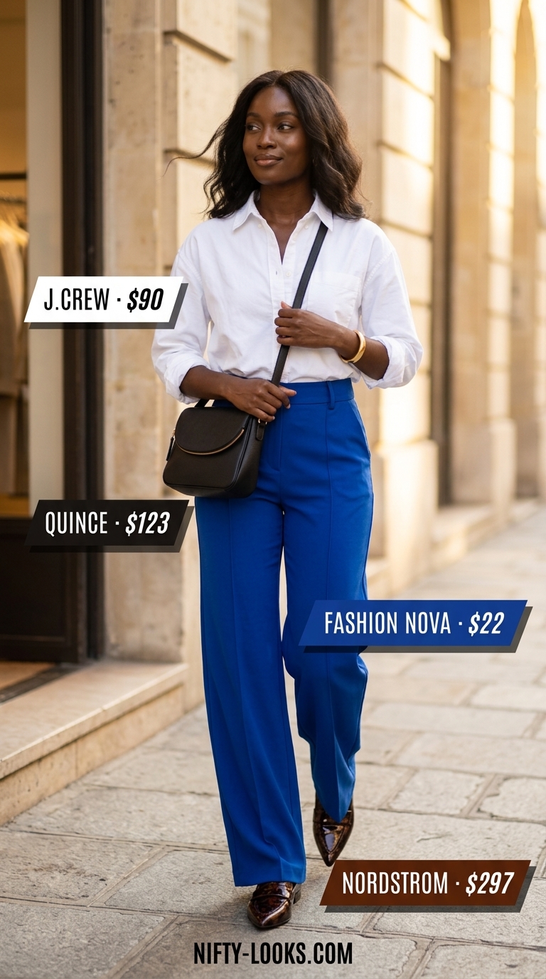 Bold summer outfits for black woman 2026: Cobalt blue wide-leg trousers, white shirt, and black loafers for city chic.