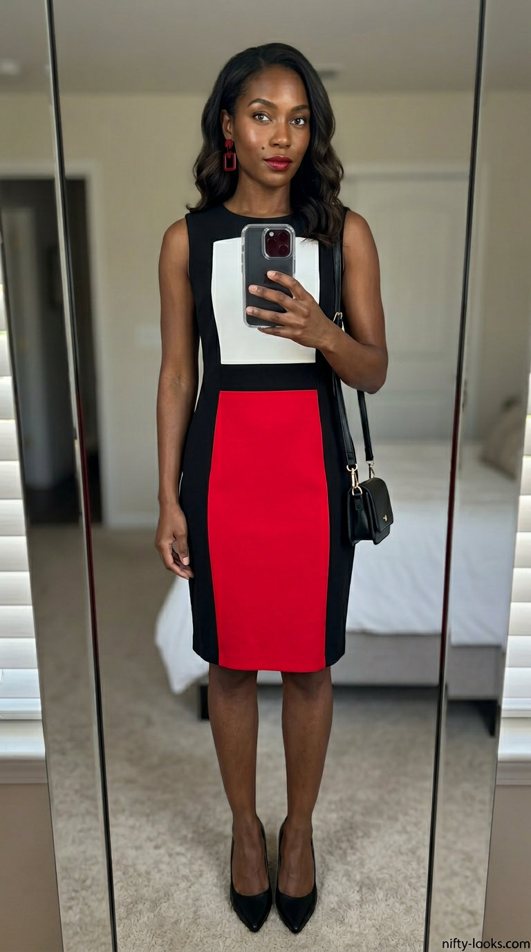 Bold summer outfits for black woman 2026: Color block midi dress with red earrings and black pumps for a summer event.
