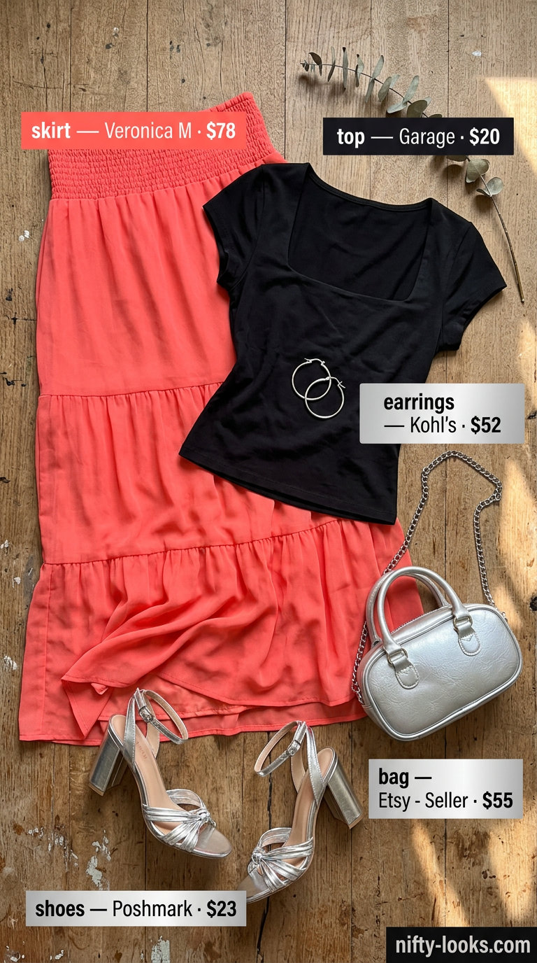 Bold summer outfits for black woman 2026: Coral midi skirt, black crop top, and silver sandals for a playful look.