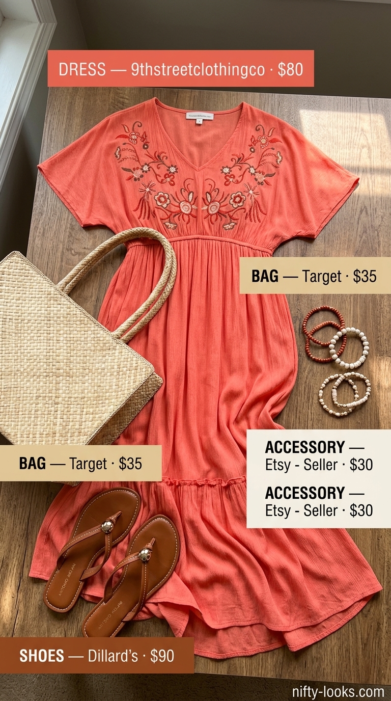 Bold summer outfits for black woman 2026: Coral tiered maxi dress with tan sandals and straw tote for beach vacation.