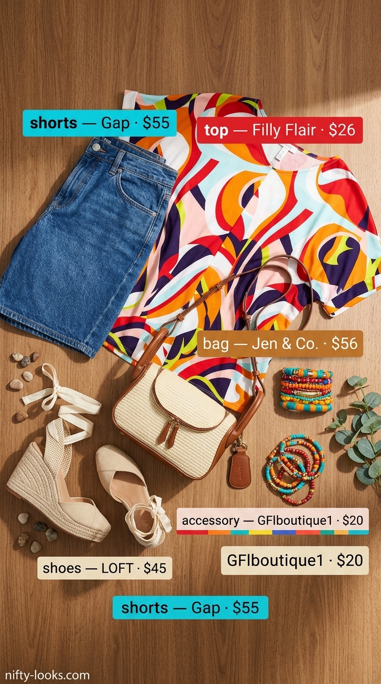 Bold summer outfits for black woman 2026: Denim shorts, multicolor print blouse, and espadrilles for casual fun.