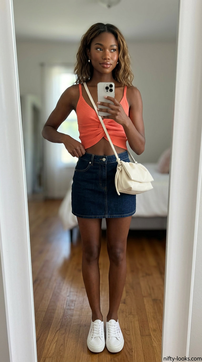 Dark wash denim mini skirt outfit for black women, featuring coral and white. Great for casual days in 2026.