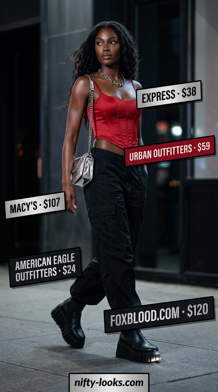 Bold summer outfits for black woman 2026: Black cargo pants with corset top, combat boots, and silver crossbody for a night out.