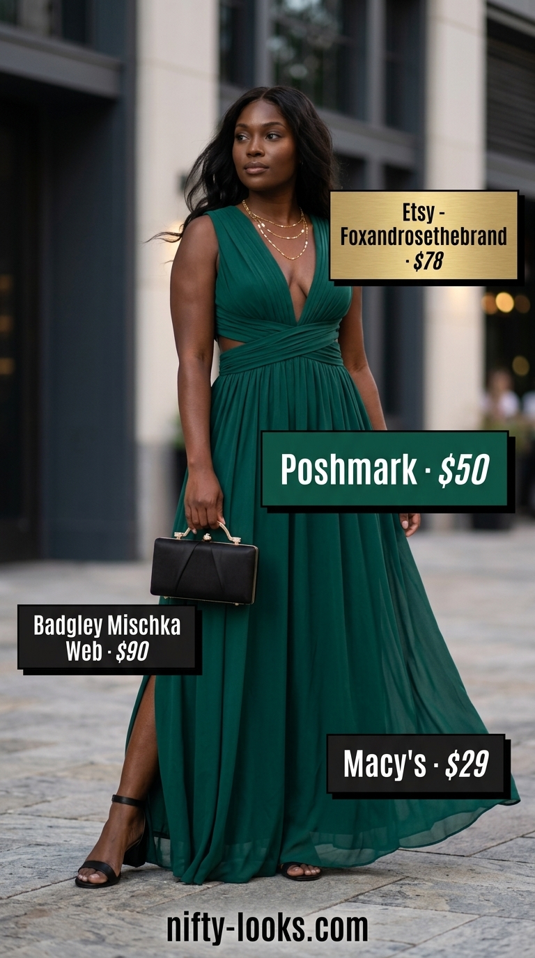Bold summer outfits for black woman 2026: Emerald green maxi dress with gold jewelry and black block heels for an evening event.