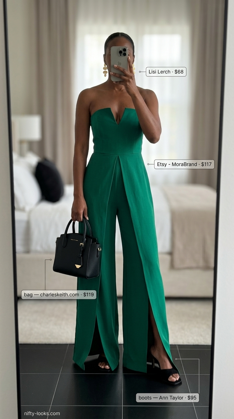 Bold summer outfits for black woman 2026: Emerald green wide-leg jumpsuit with black heels and gold statement earrings.