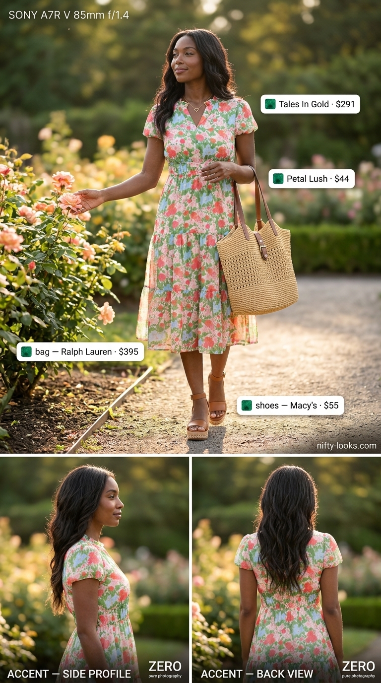 Bold summer outfits for black woman 2026: Floral midi dress with espadrille wedges and straw tote for a garden party.