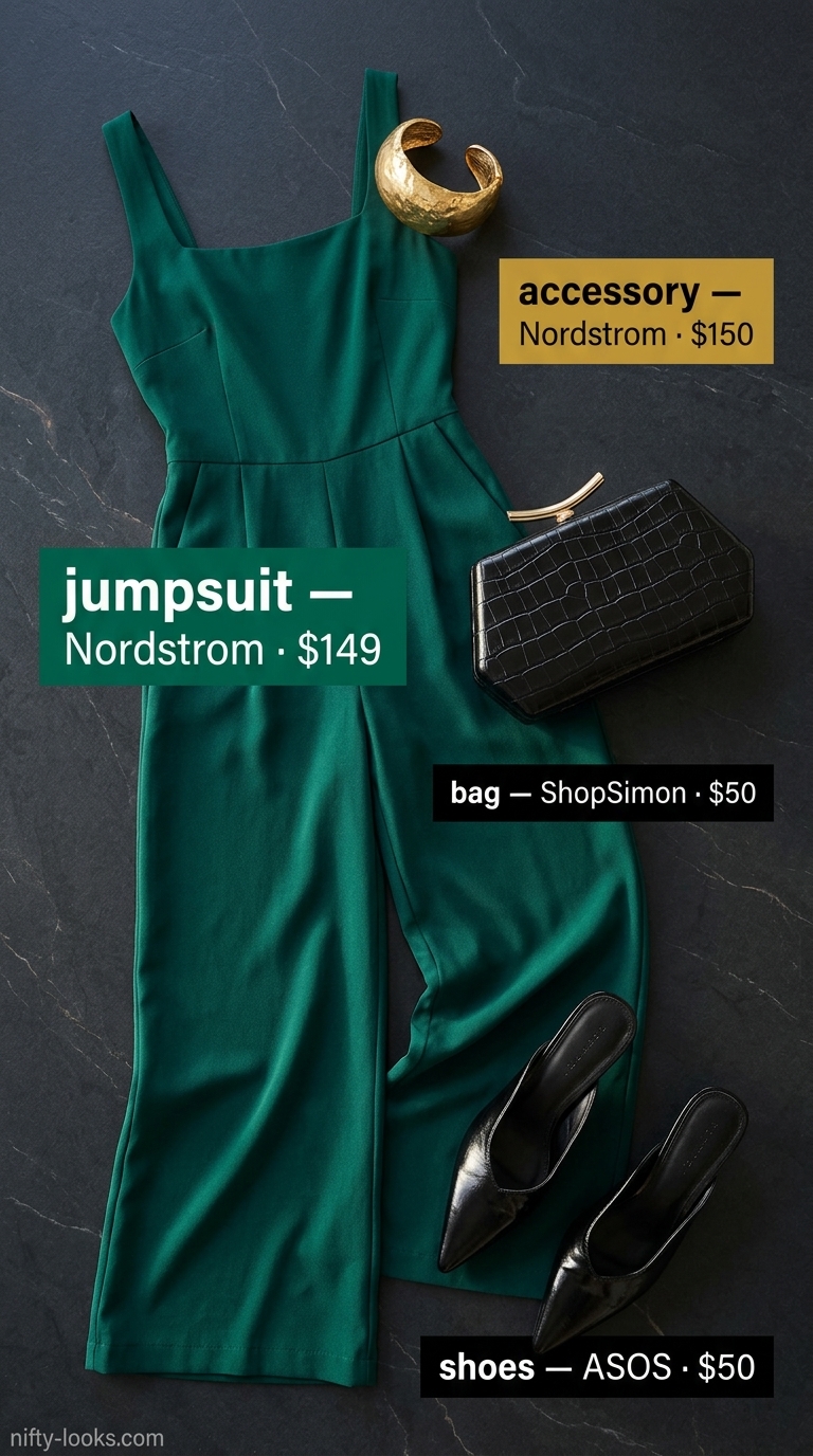 Emerald green wide-leg jumpsuit outfit for black women, ideal for evening events and summer parties in 2026.