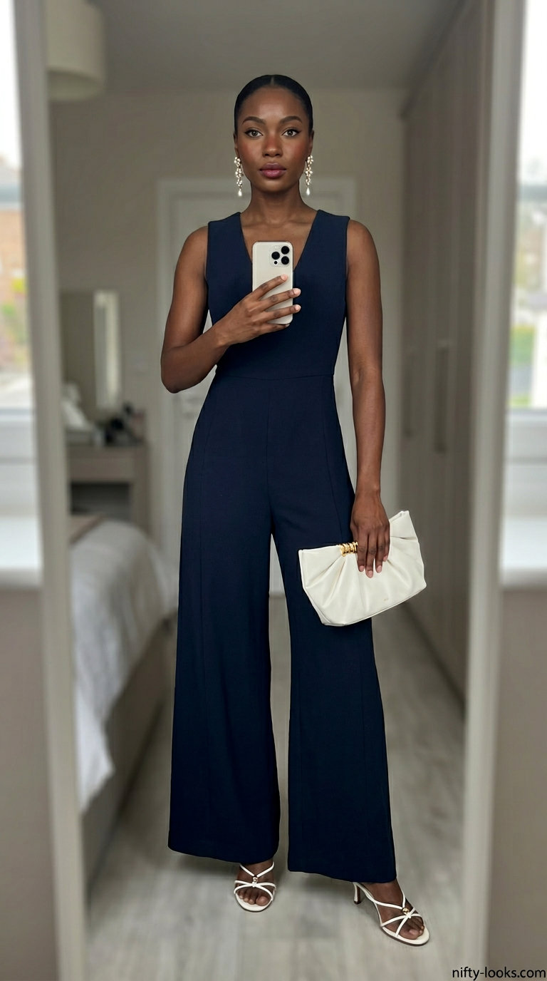 Navy blue wide-leg jumpsuit for black women, perfect for summer weddings and cocktail parties in 2026.