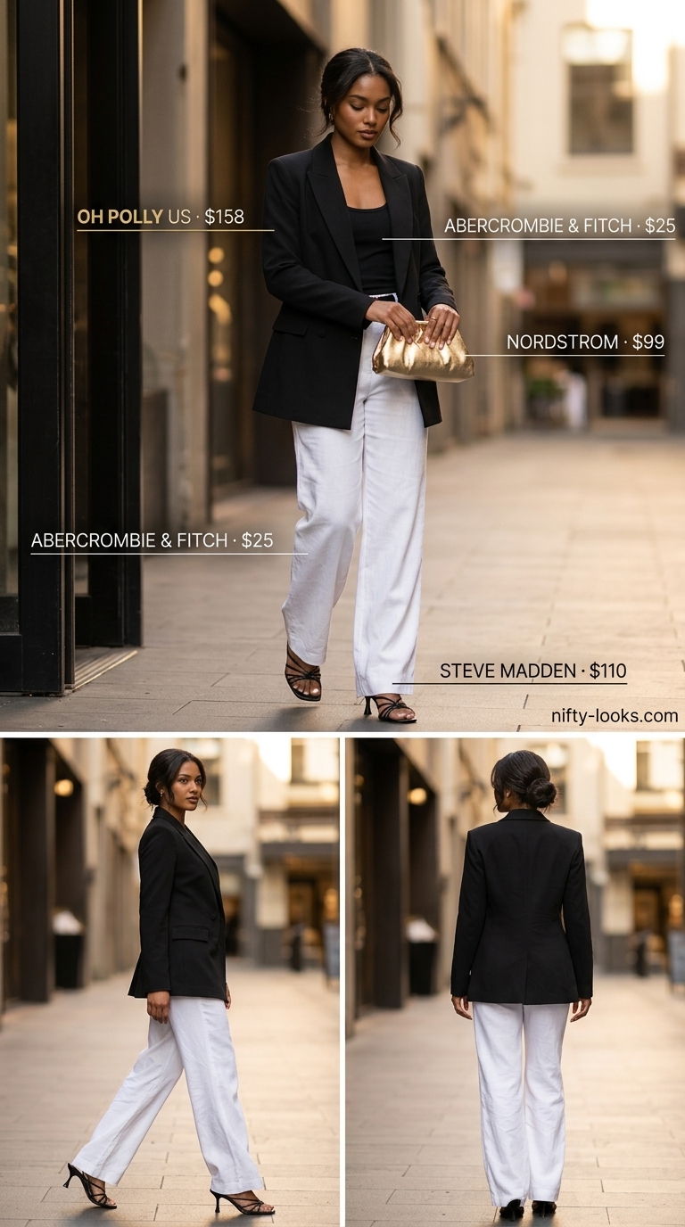 Bold summer outfits for black woman 2026: White linen pants, black tank, blazer, and gold clutch for chic events.