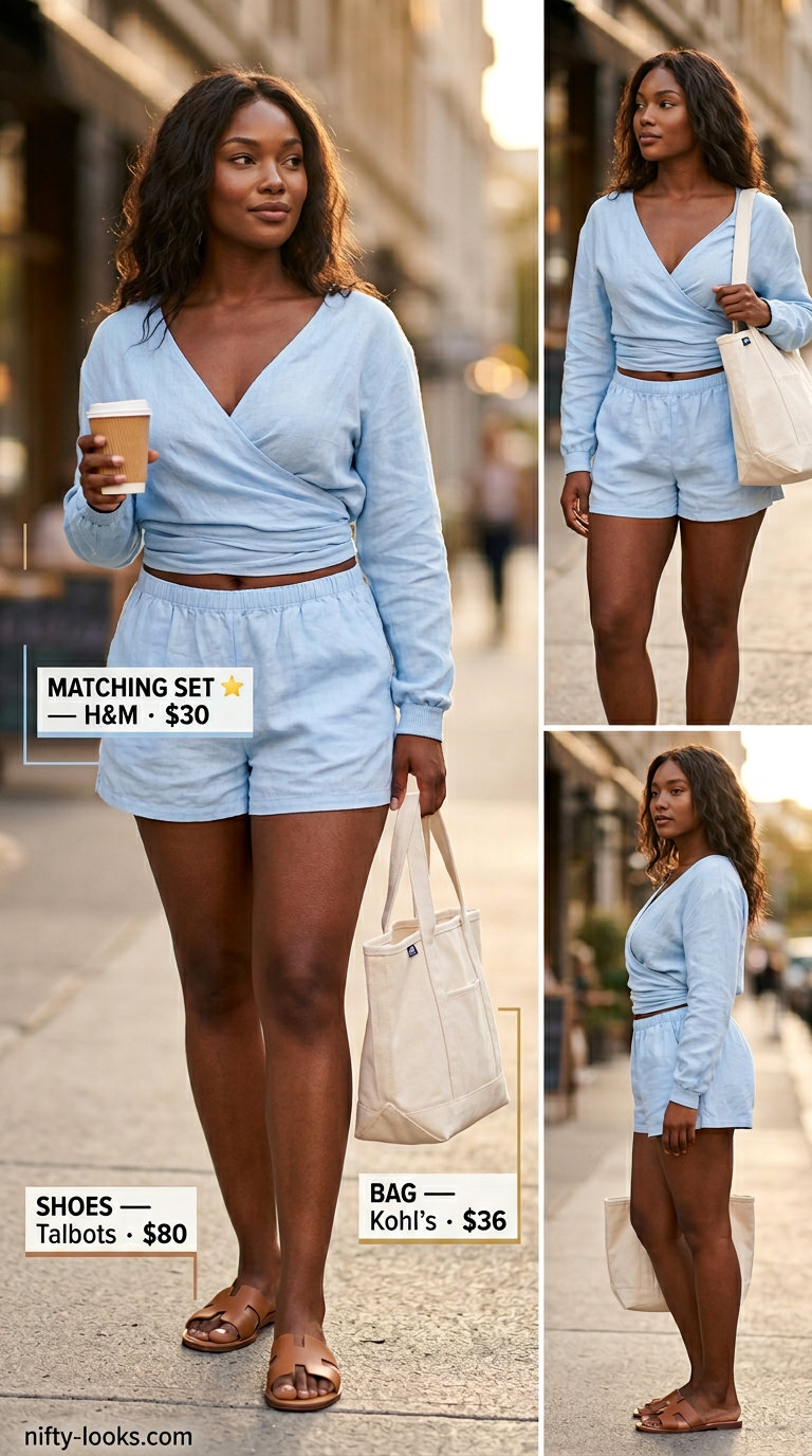 Bold summer outfits for black woman 2026: Sky blue linen set with gold hoops and tan sandals for a casual outing.