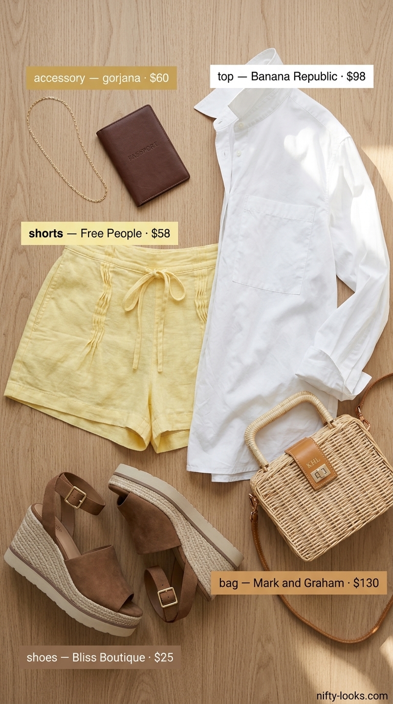 Lemon yellow linen shorts outfit for black women, featuring a white button-down and espadrilles. Fresh and playful for 2026.
