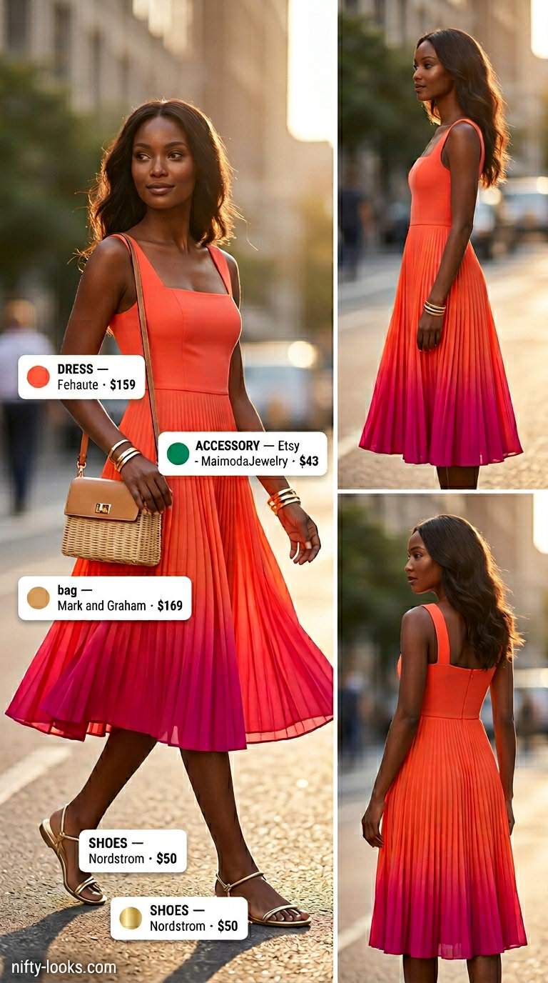 Coral to orange ombré midi dress outfit for black women, perfect for summer evenings and cocktail parties in 2026.
