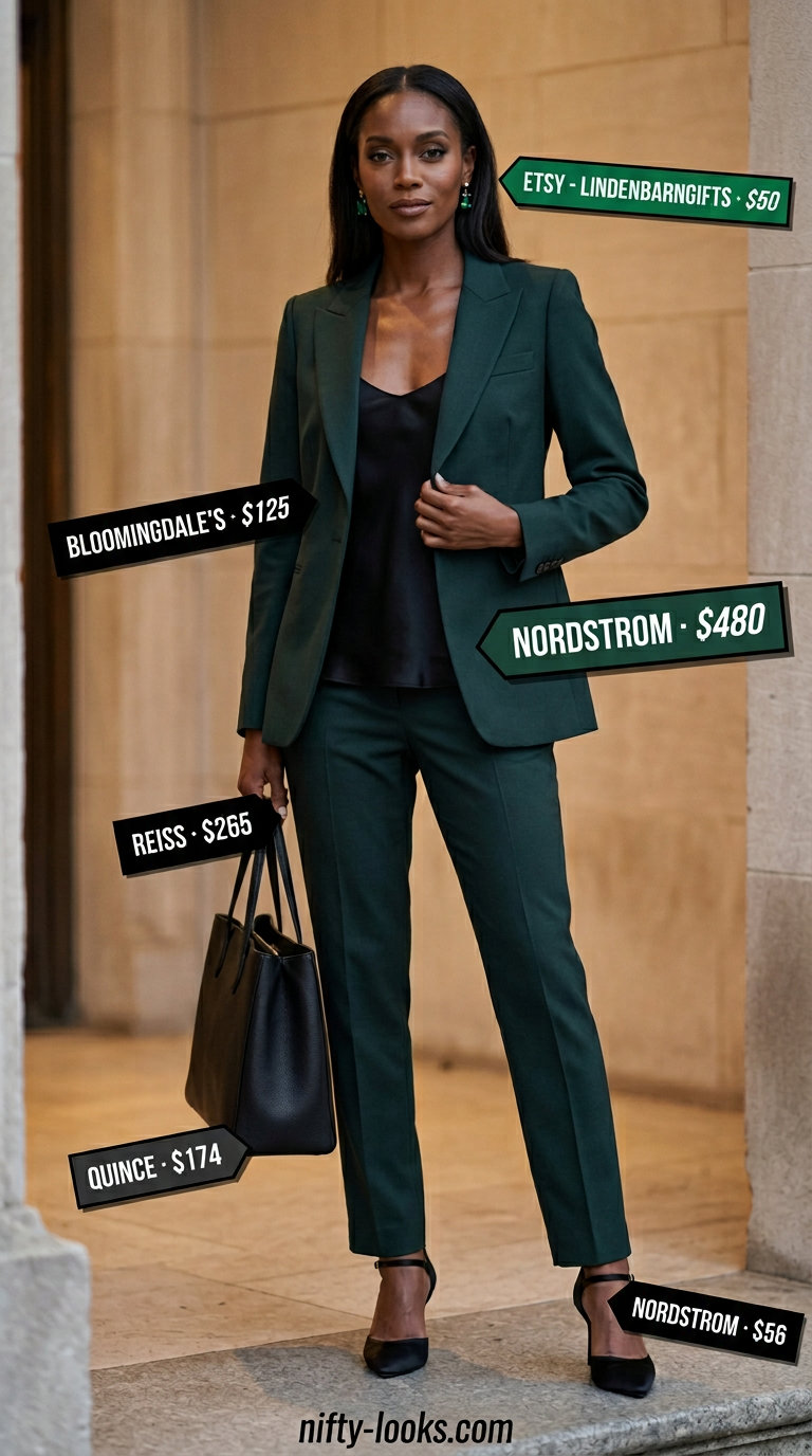 Emerald green power suit for black women, ideal for business meetings and evening events in 2026.