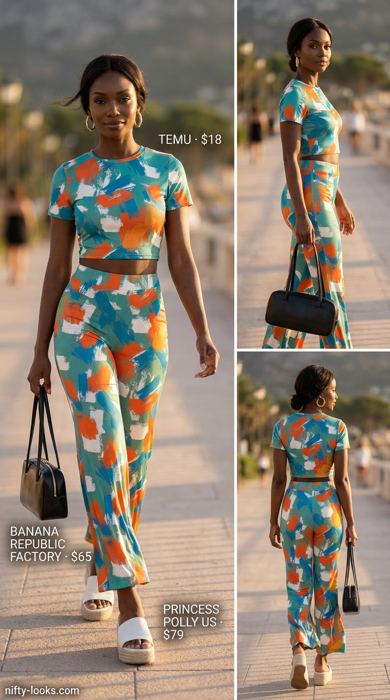 Bold summer outfits for black woman 2026: Teal & orange abstract print two-piece set with espadrilles & structured bag.