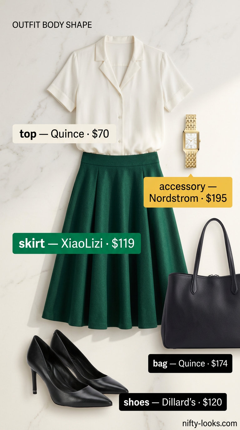 Bold summer outfits for black woman 2026: Emerald green A-line skirt, cream silk blouse, and black pumps for work.