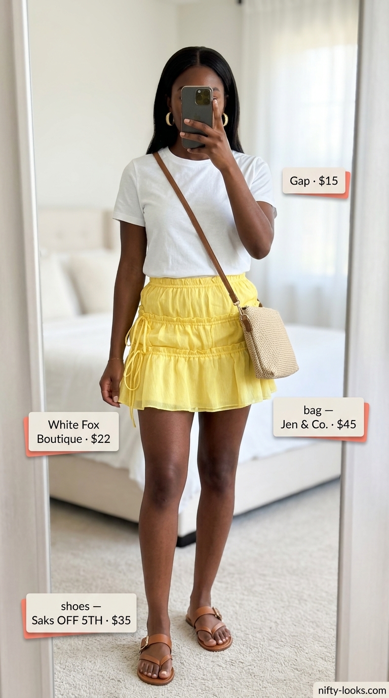 Bold summer outfits for black woman 2026: Sunshine yellow mini skirt, white tee, and tan sandals for a cheerful look.