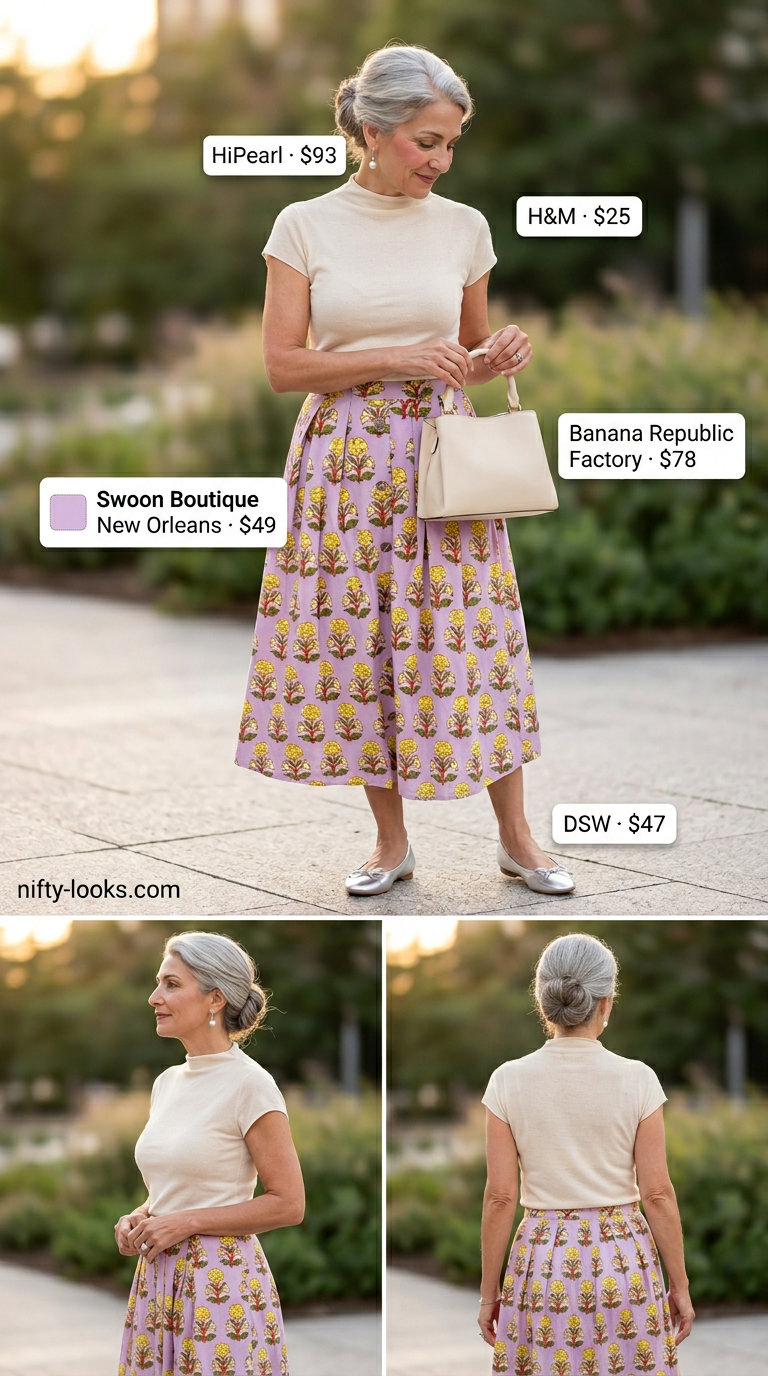 Breezy summer outfit for women over 60 2026: Lavender floral skirt, cream knit top, silver flats, pearl earrings, and silver bag for afternoon tea.