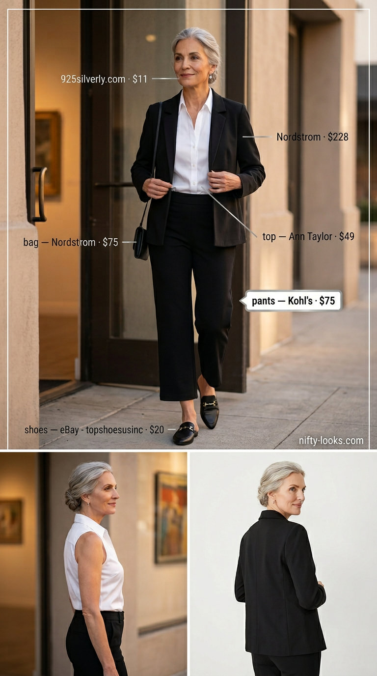 Breezy summer outfit for women over 60 2026: Black trousers, white shell top, black blazer, silver earrings, black mules, black clutch.