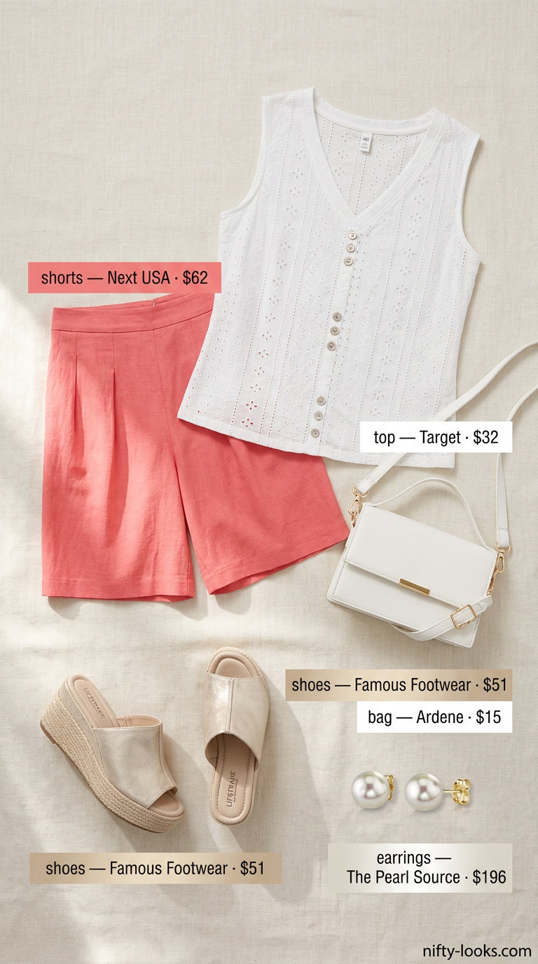 Breezy summer outfit for women over 60 2026: Coral shorts, white eyelet blouse, gold espadrilles, and white crossbody for garden brunch.