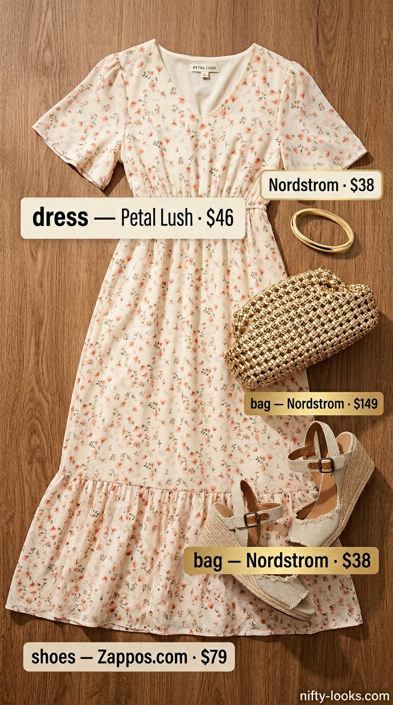 Breezy summer outfit for women over 60 2026: Coral pink floral maxi dress, espadrilles, gold accessories for garden parties.