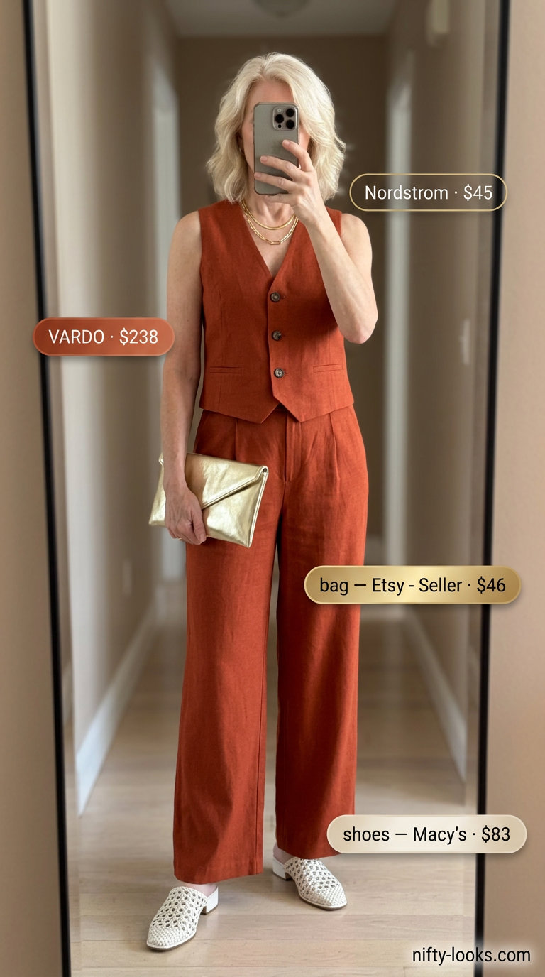 Sophisticated breezy summer outfit for women over 60 2026: Terracotta linen matching set, cream mules for evening.