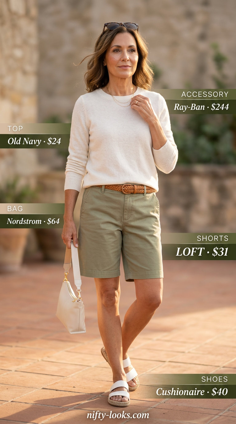 Breezy summer outfit for women over 60 2026: Khaki Bermuda shorts, coral sweater, espadrilles for lakeside leisure.