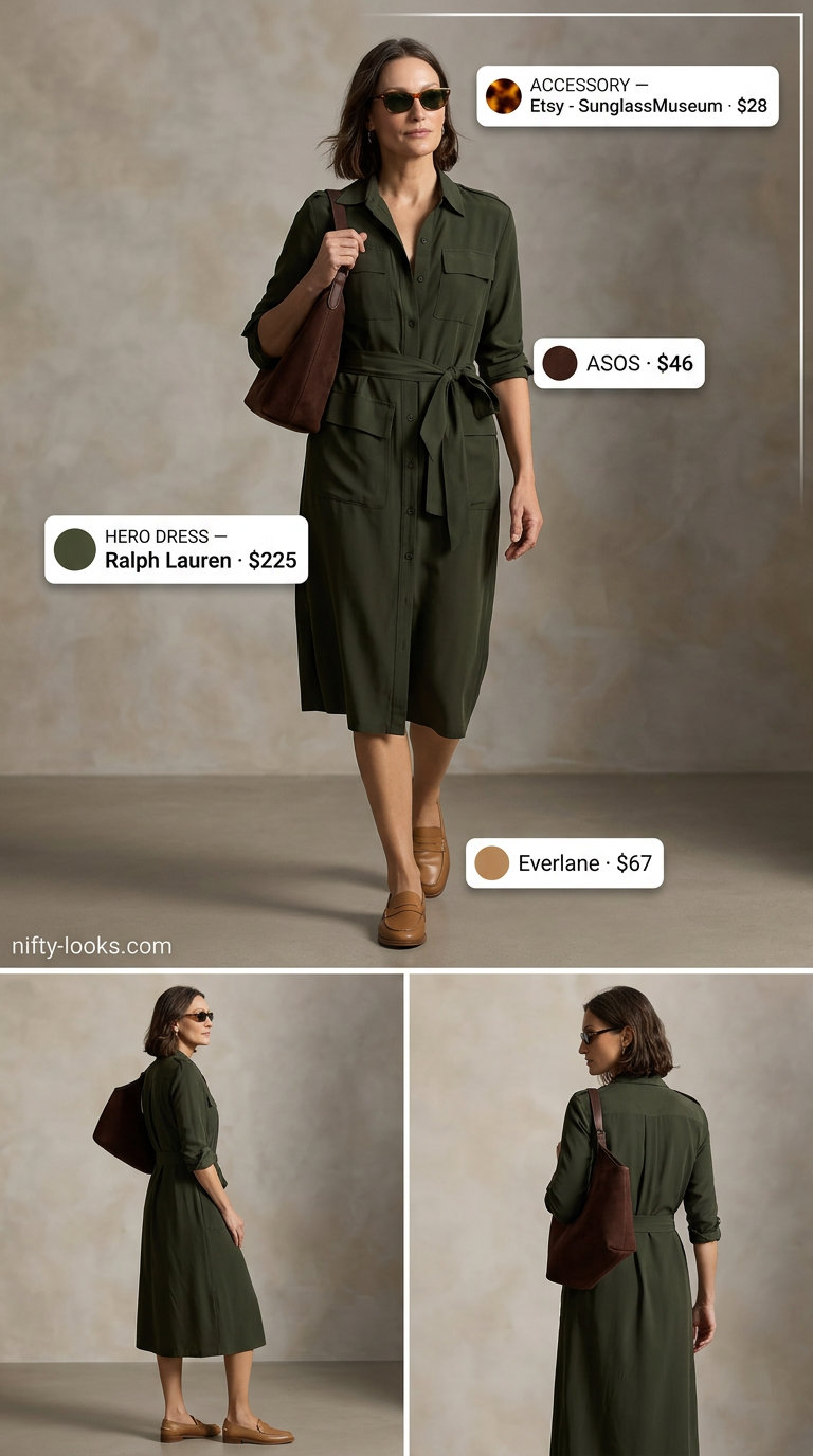 Breezy summer outfit for women over 60 2026: Khaki dress, brown bag, tan loafers, and sunglasses for a museum visit.