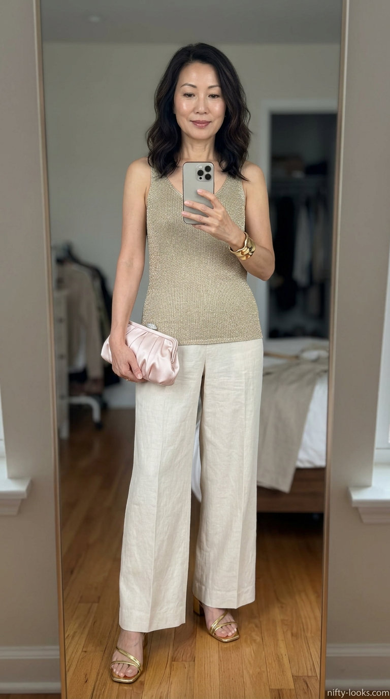 Breezy summer outfit for women over 60 2026: Cream linen pants, gold metallic top, heeled sandals for resort evenings.